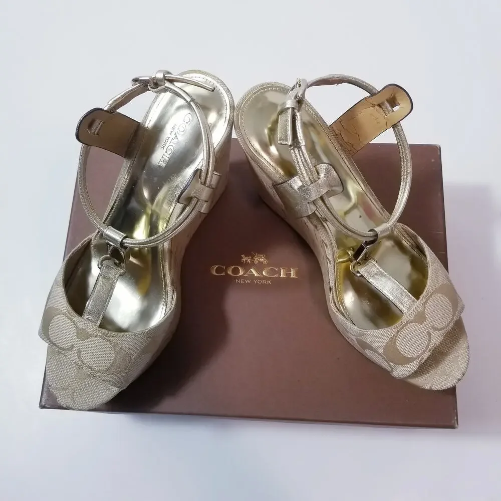 Coach Ivory Metallic Cork Wedge Sandals - Picture 3 of 13